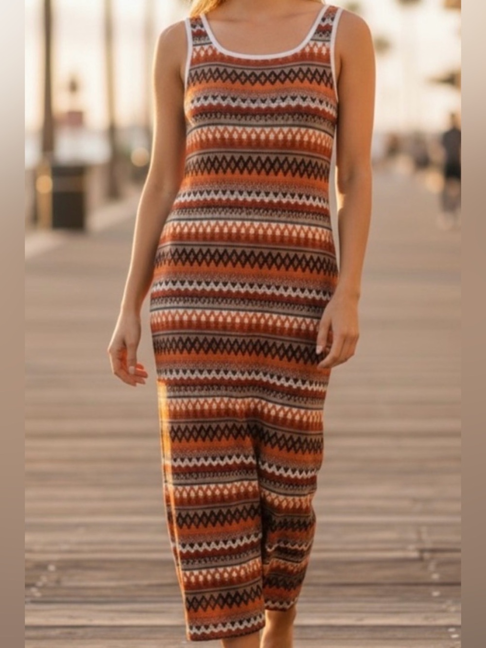 Vibrations Sleeveless Woven Knit Maxi Dress in Orange Multi Color‎ - Size S
